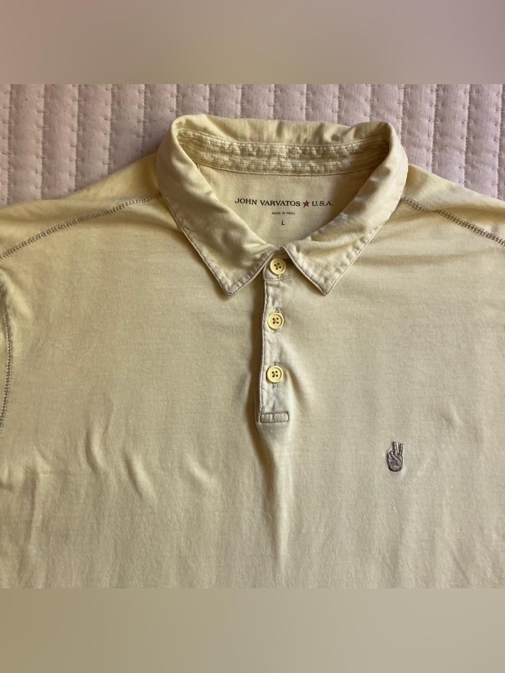 John Varvatos Polo Shirt Men’s Large Yellow Cotton Peace Sign Golf Casual